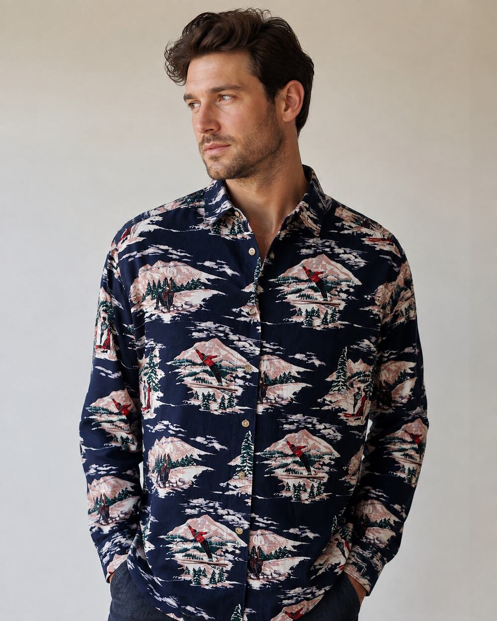 Vintage Sportables Ski Resort Print Shirt Mens Small Navy Alpine Novelty